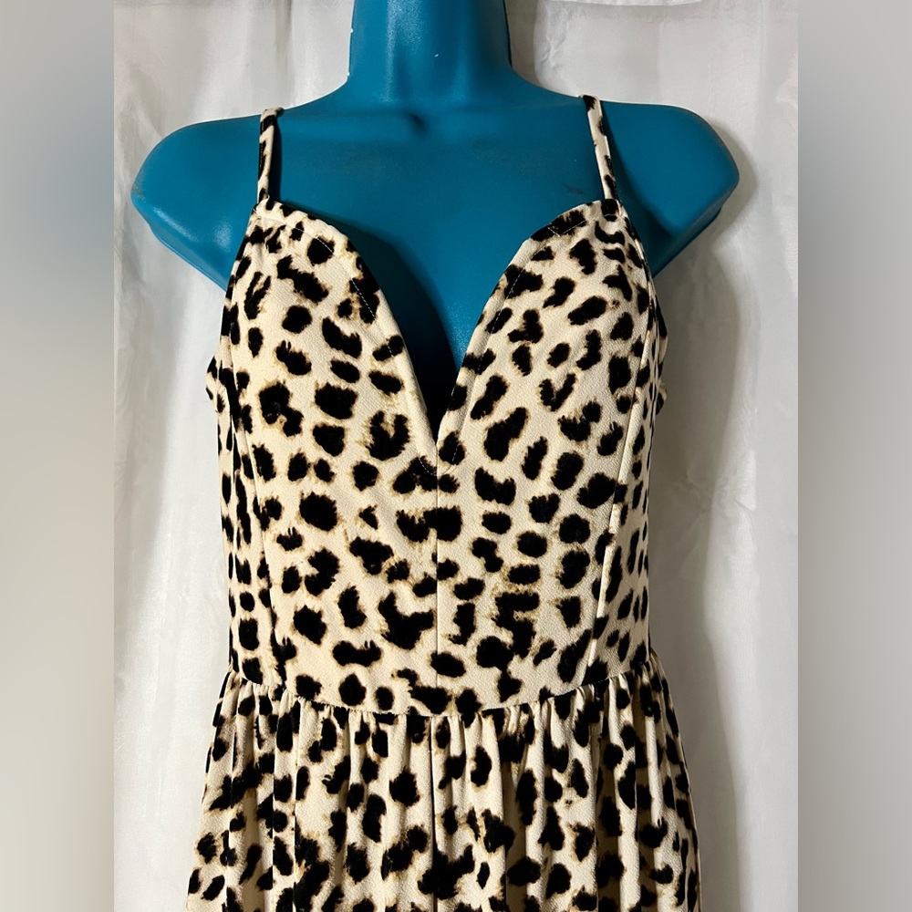 Express Cheetah Print Spaghetti Strap Jumpsuit w Wired Plunge Neckline,Wide Legs